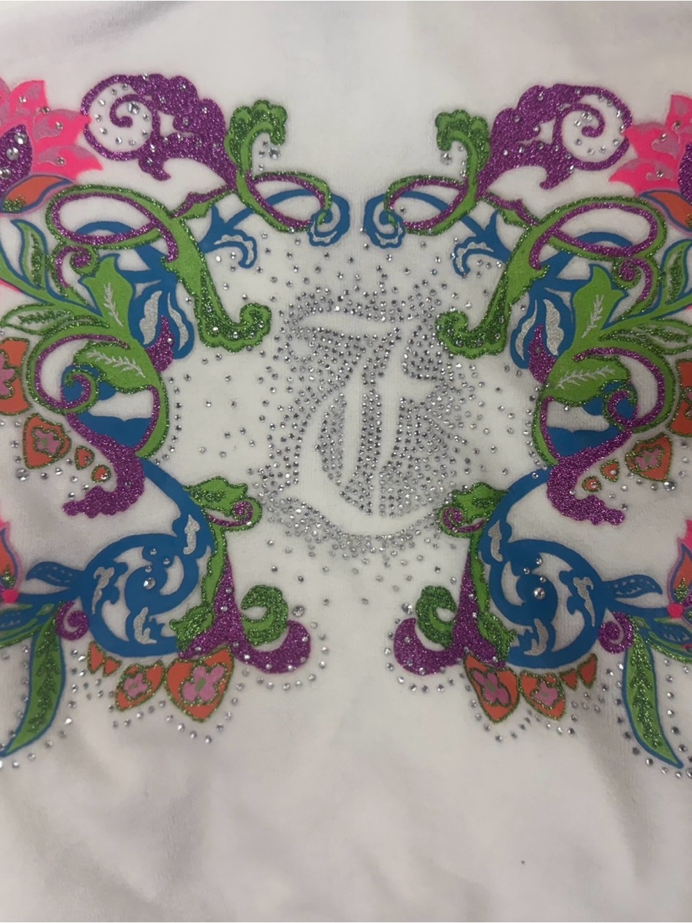Juicy Couture White Sweater with Multicolor Rhinestone Scrollwork